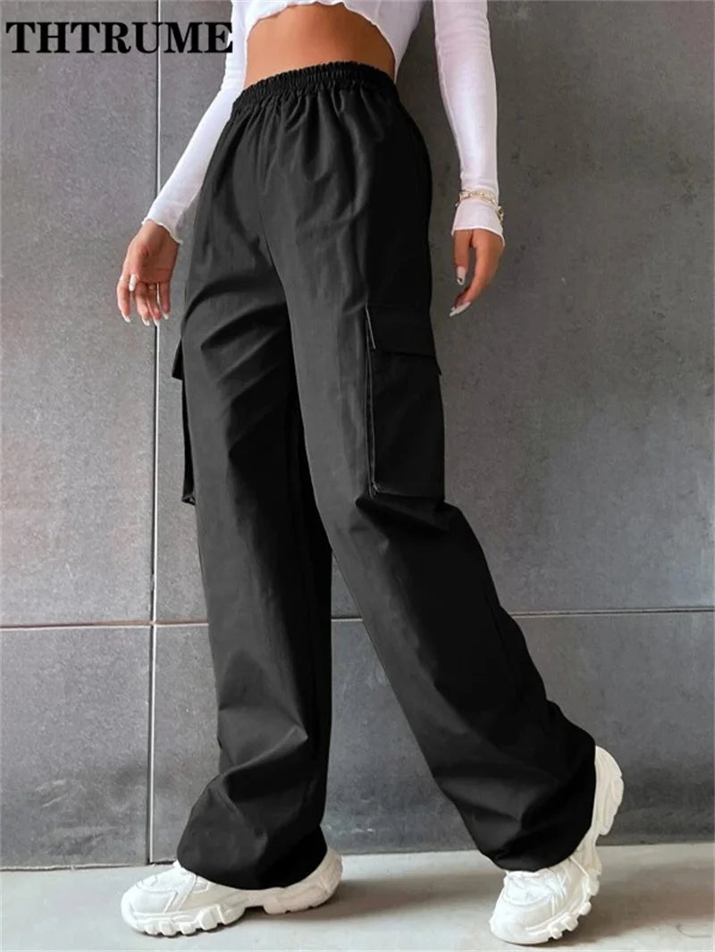 Fashion Women Baggy Joggers Pants Casual Communte Female Chic Straight Cargo Pant Elastic High Waist Elegant Oversized Trousers