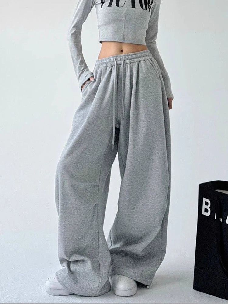 Y2K Harajuku Wide Leg Sweatpants Women Streetwear Baggy Oversize Gray Sports Pants High Waist Drawstring Casual Joggers Trousers