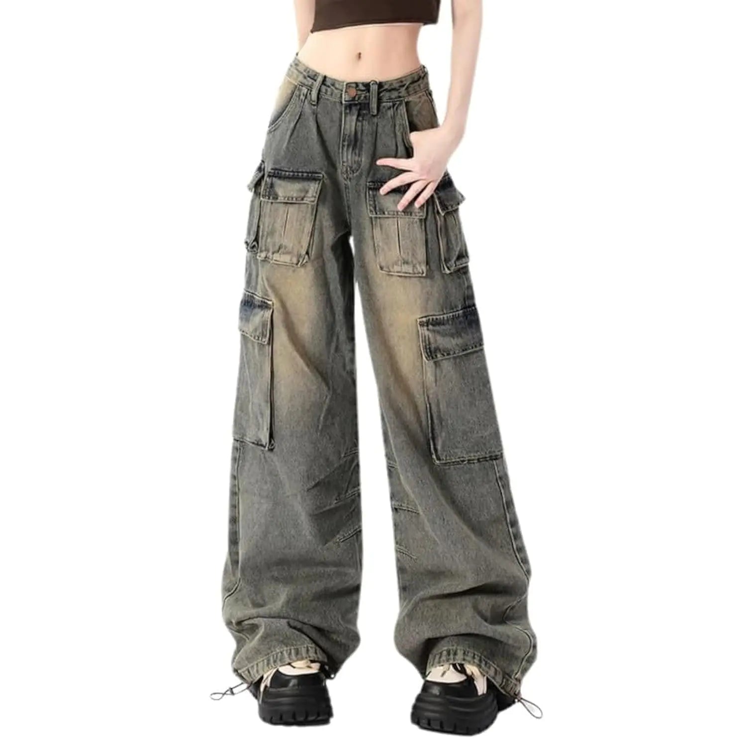 Hugboom Baggy Cargo Pants for Women Girls Retro Low Rise Wide Leg Jeans Y2k Hip Hop Streetwear Grunge Clothes Blue(XL)