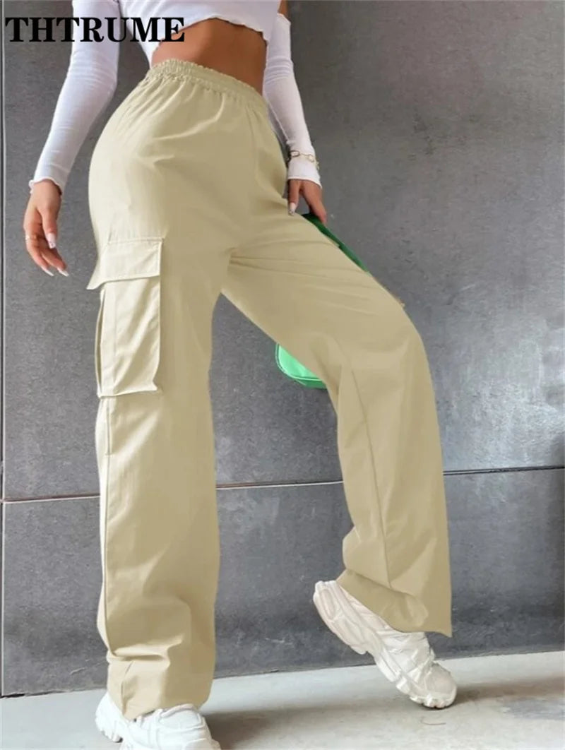 Fashion Women Baggy Joggers Pants Casual Communte Female Chic Straight Cargo Pant Elastic High Waist Elegant Oversized Trousers