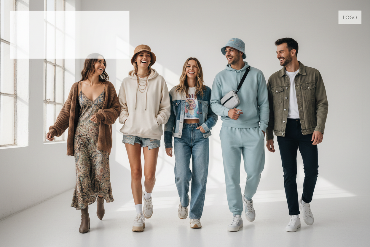 young trendy women and men clothing front web page header